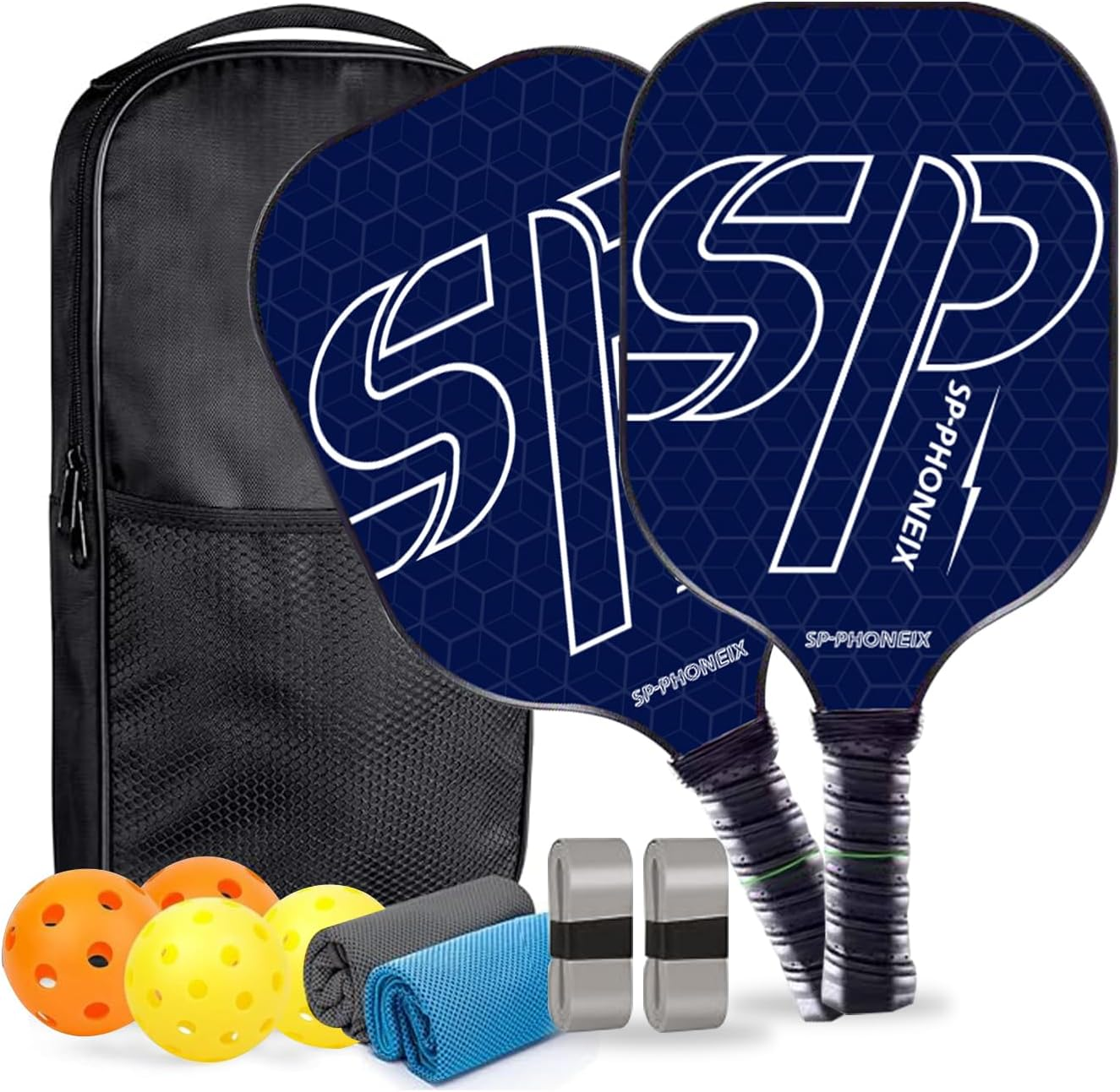SPPHONEIX Carbon Pickleball Paddles Set Lightweight Pickleball Rackets Honeycomb Core Carbon Fiber Surface, Comfort Grip, 2 Pack Lightweight 4 Ball 2 Paddles 2 Grip Tape