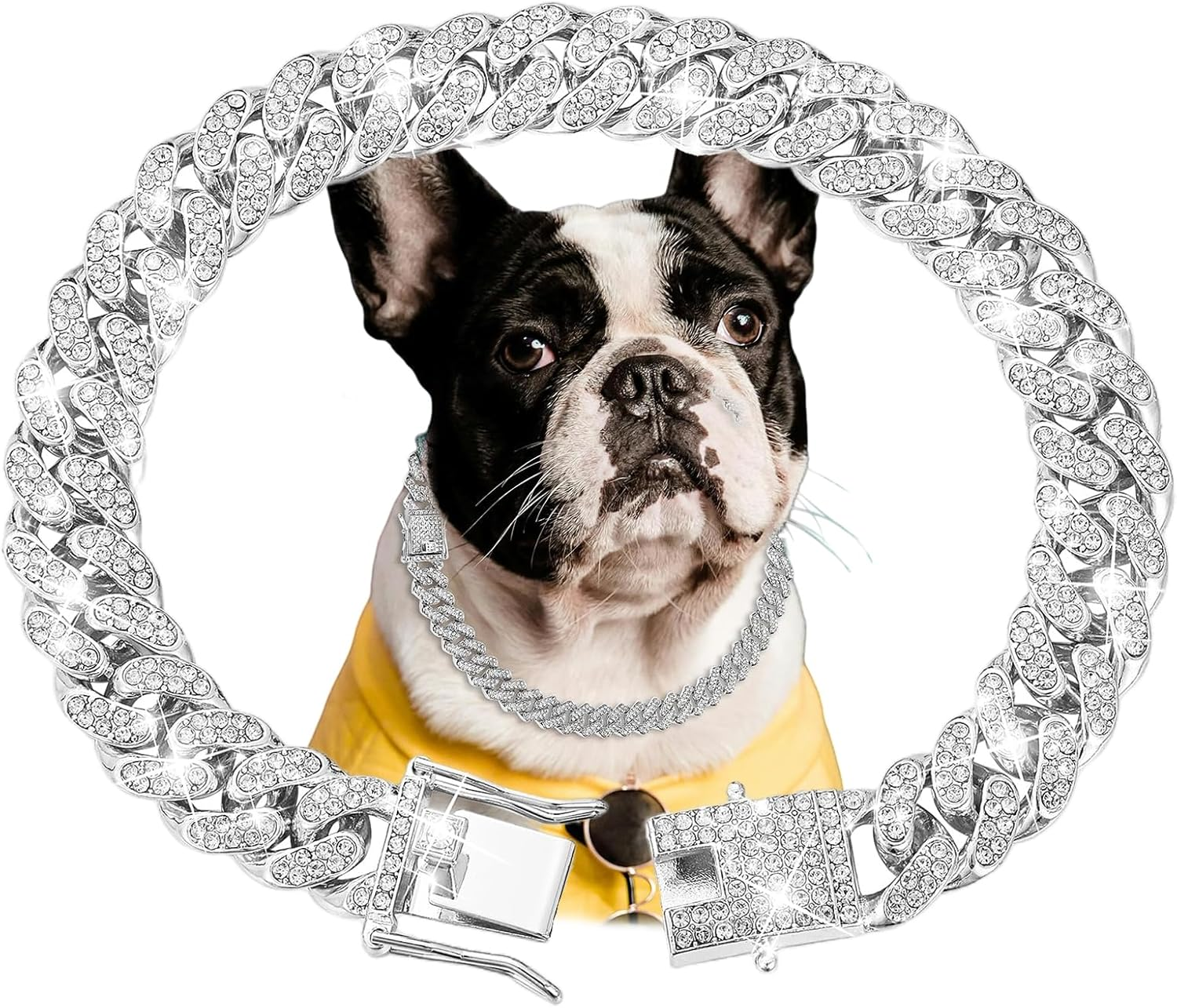 Lilbitty Silver Dog Collar Diamond Cuban Link Collar 13 Mm Wide Dog Collar Metal Cat Collar Pet Crystal Collar Jewellery Accessories 40 Cm image number 4