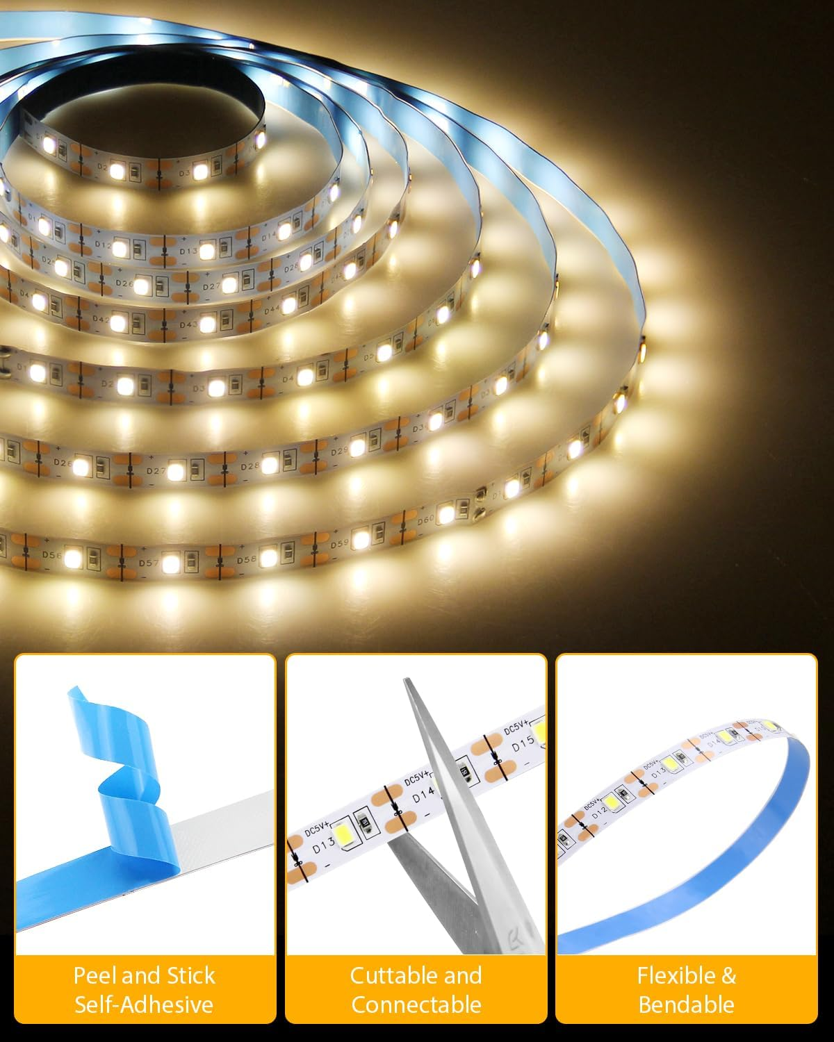 Aclorol LED Strip with USB Connection 5 M Warm White 3000 K 60 Leds/M Dimmable LED Strip Self-Adhesive 8 Mm Wide Flexible for Kitchen Cabinets Mirror Display Cabinet Bed Backlight image number 1