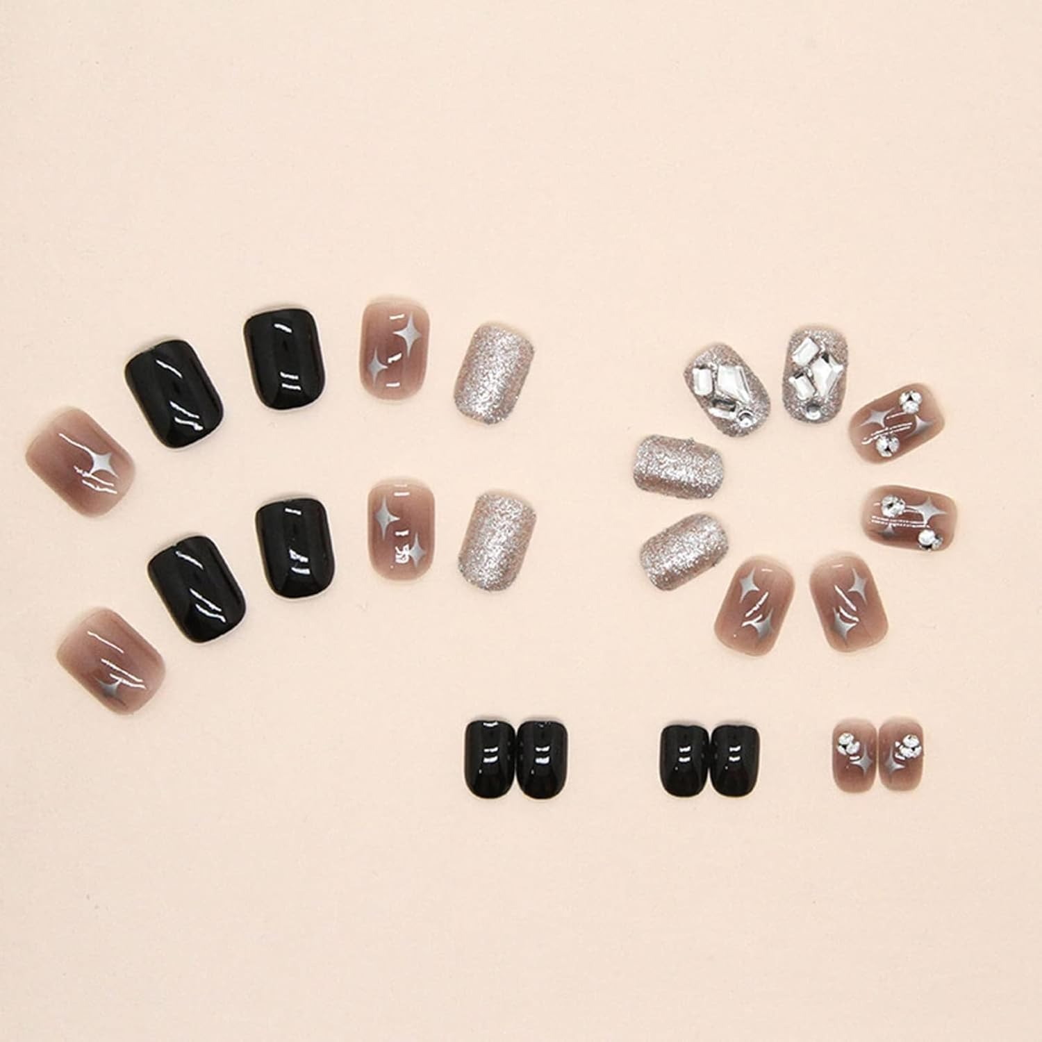 24 Pieces of Short Square Cat-Eye Nude False Nails, Cat-Eye Patch Nail Art, Nude Gradient Glitter， Short Almond-Shaped Acrylic (Black Square)