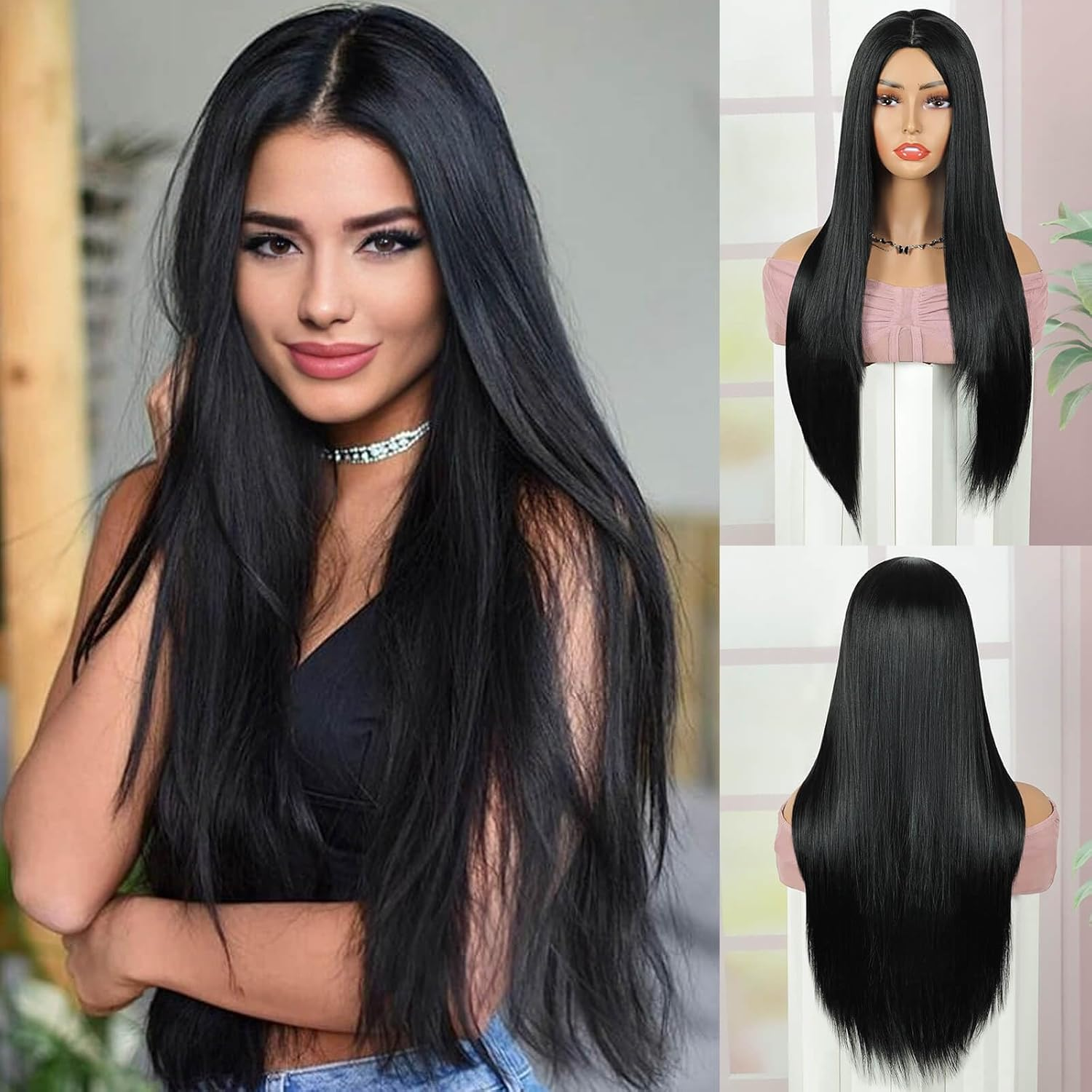 Long Black Wig for Women Halloween Cosplay Long Black Straight Hair Wig Natural Colored Synthetic Hair for Women Party Costume(28Inch, Black)