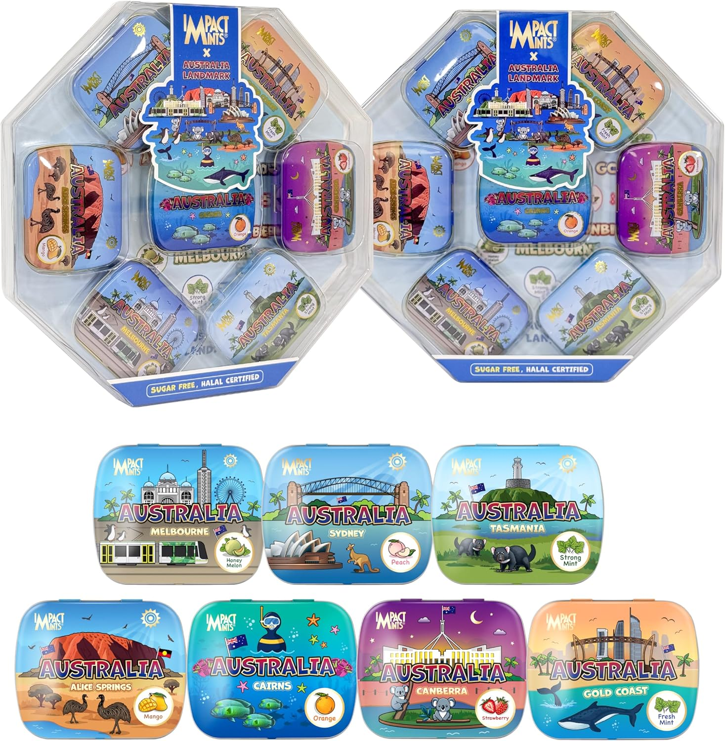 Impact Mints Australia Landmark Sugar-Free Halal Certified Candy Gift Set, 7 Collectible Tins with Mixed Flavors, Souvenir Collection image number 3