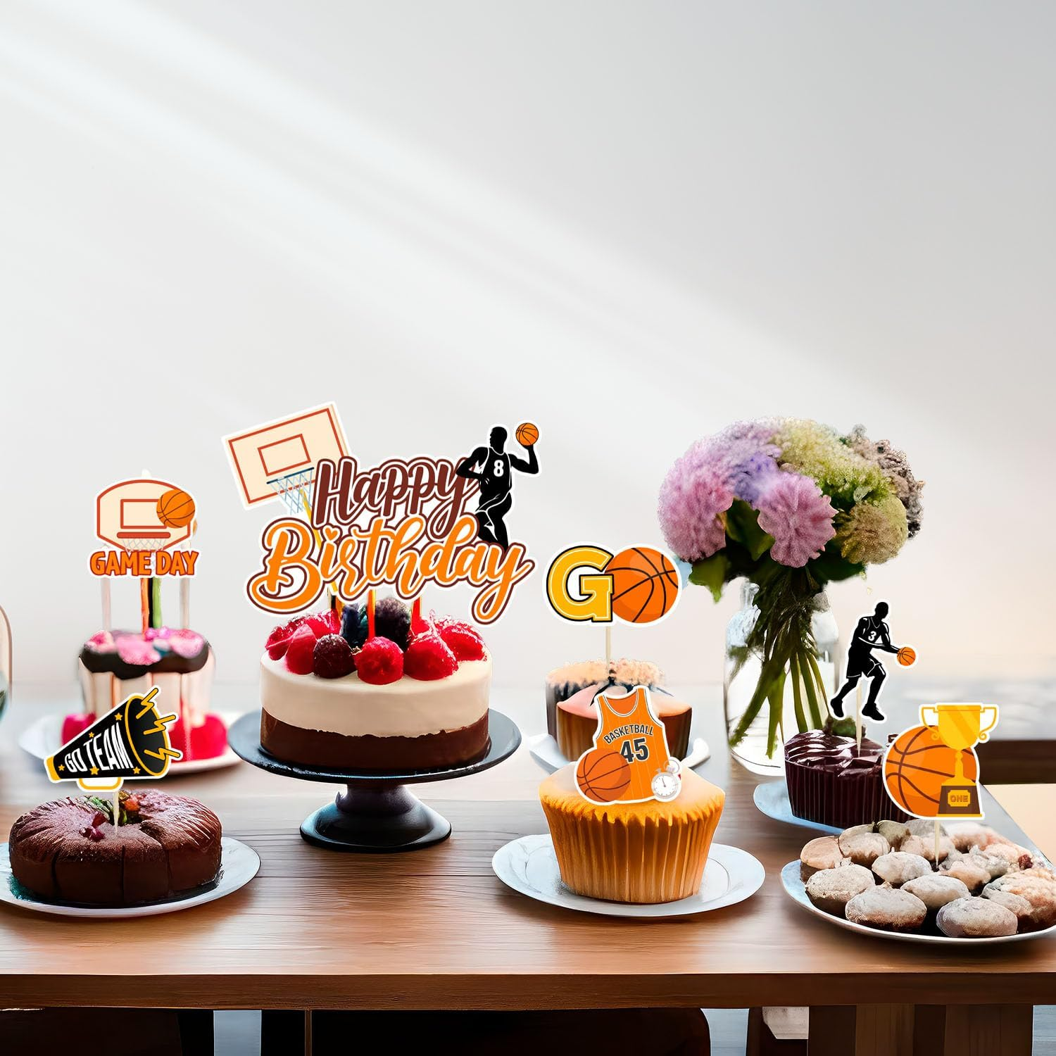 Basketball Cake Topper, 24 Pcs Basketball Cupcake Toppers/Party Cupcake Toppers & 1 Pcs Cake Decorations/Birthday Cake Topper for Party Decorations Supplies image number 1