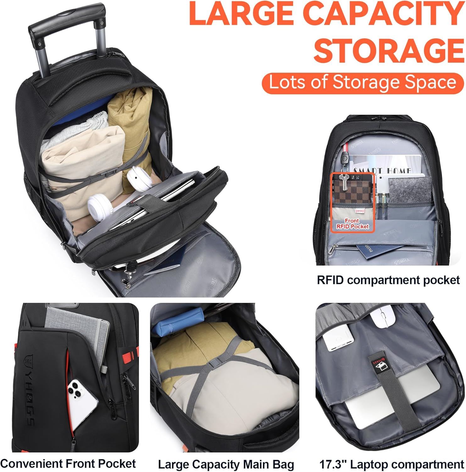 RUCYEN Rolling Backpack, Rolling Wheeled Backpack for Men Women, Black, 22 Inch, Travel