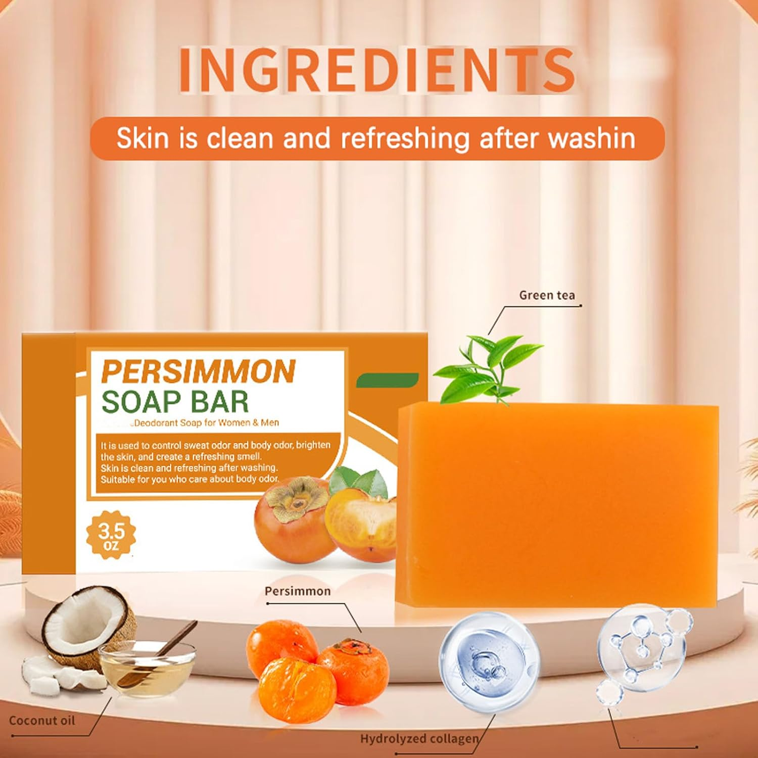 Persimmon Soap Bar for Body Odor, Deodorant Persimmon Bar Soap, Deodorizing Body Wash with Persim/Mon Extract for Eliminating Bo/Dy Odor, Bo/Dy Deeply Cleansing Bar Soap, Hydrating & Skin (1 PCS) - 1 Pcs image number 1