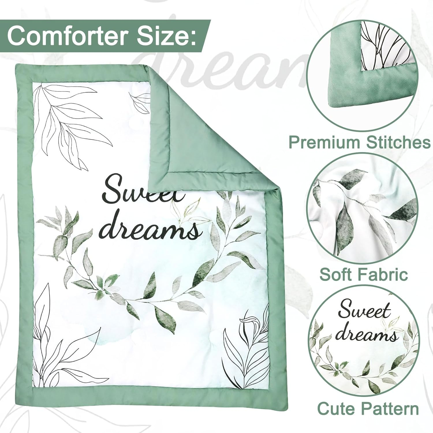Green Leaf 4-Piece Crib Bedding Set, Baby Boy Bedding Crib Set, Neutral Nursery Bedding Set,Fitted Crib Sheet,Crib Skirt, Baby Quilt, and Diaper Stacker,Sage image number 3