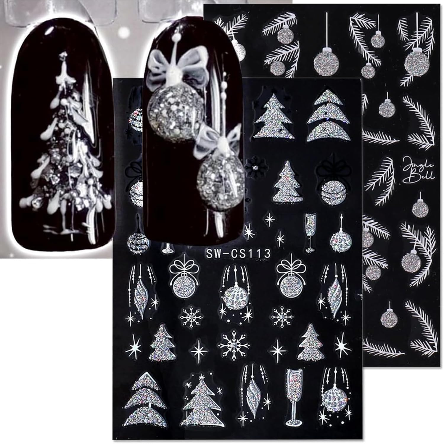Itadaku 4 Sheets Christmas Nails Stickers, Glitter Xmas Tree, Silver Jingle Bell, Pine Leaf, 3D Snowflake & Star Nail Art Decals, Holiday Nail Design Accessories for Women & Girls image number 1