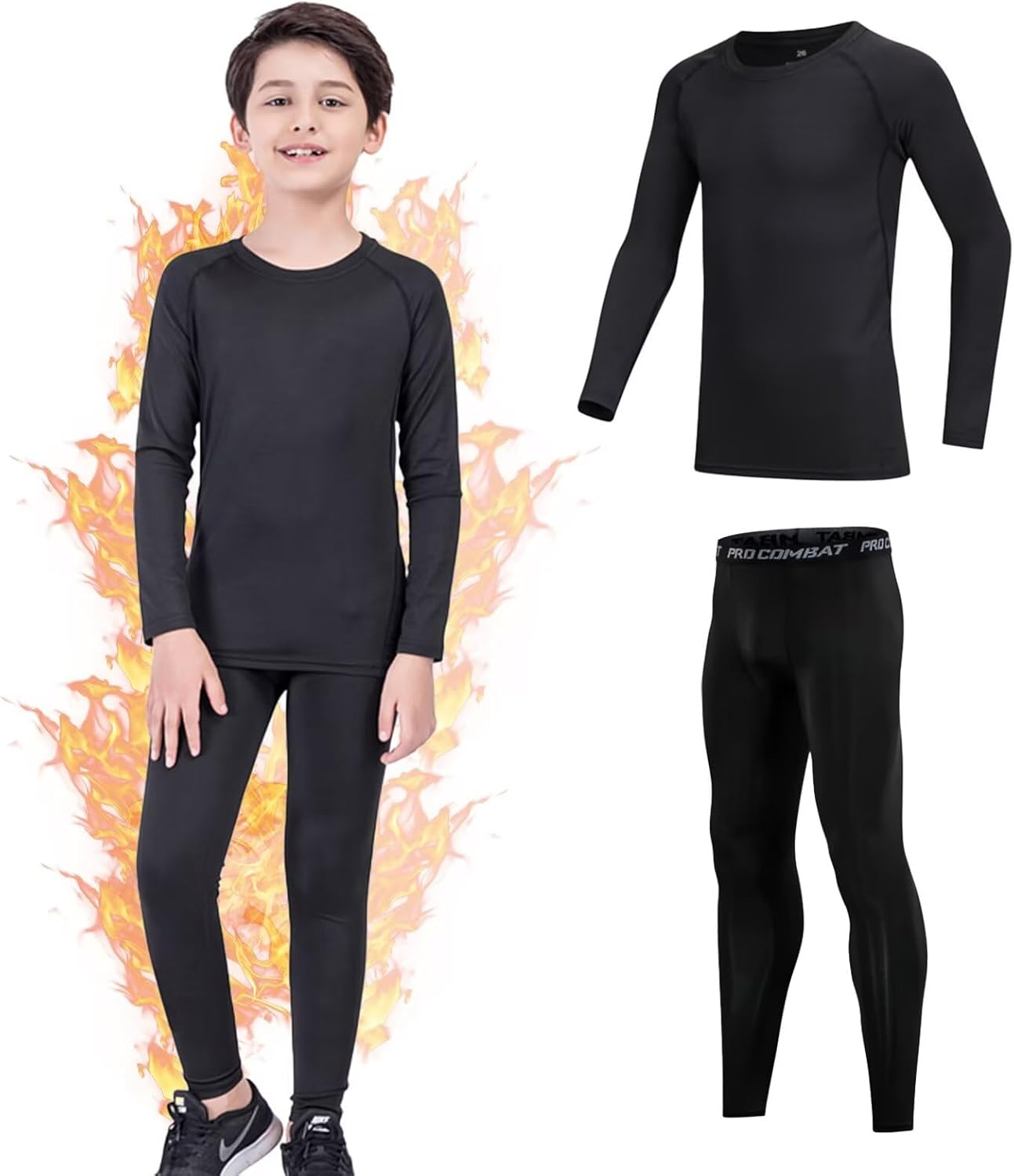 Kids Thermal Underwear Boys Compression Football Base Layers Sets Winter Warm Long Sleeve Top & Legging for Children 5-13 Years