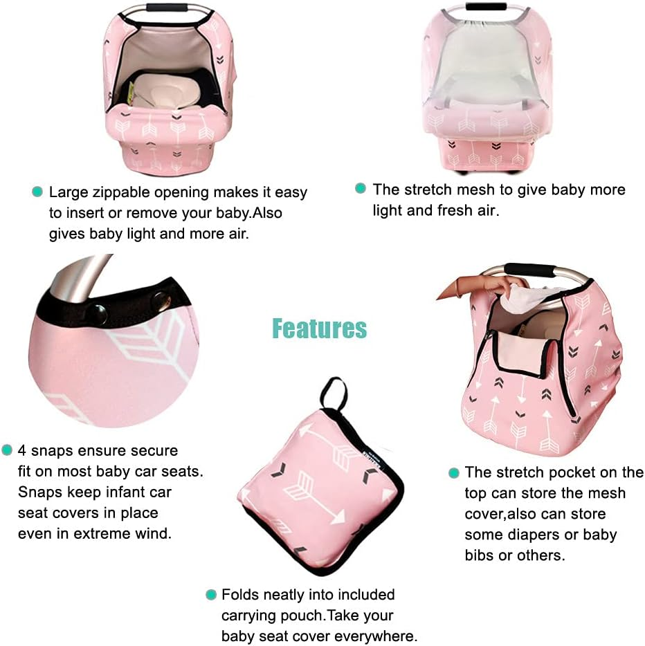 Stretchy Baby Car Seat Covers for Boys Girls Infant Car Canopy Spring Autumn Winter Snug Warm Breathable Windproof Adjustable Peep Windowinsect Freeuniversal Fitpink Arrowshower