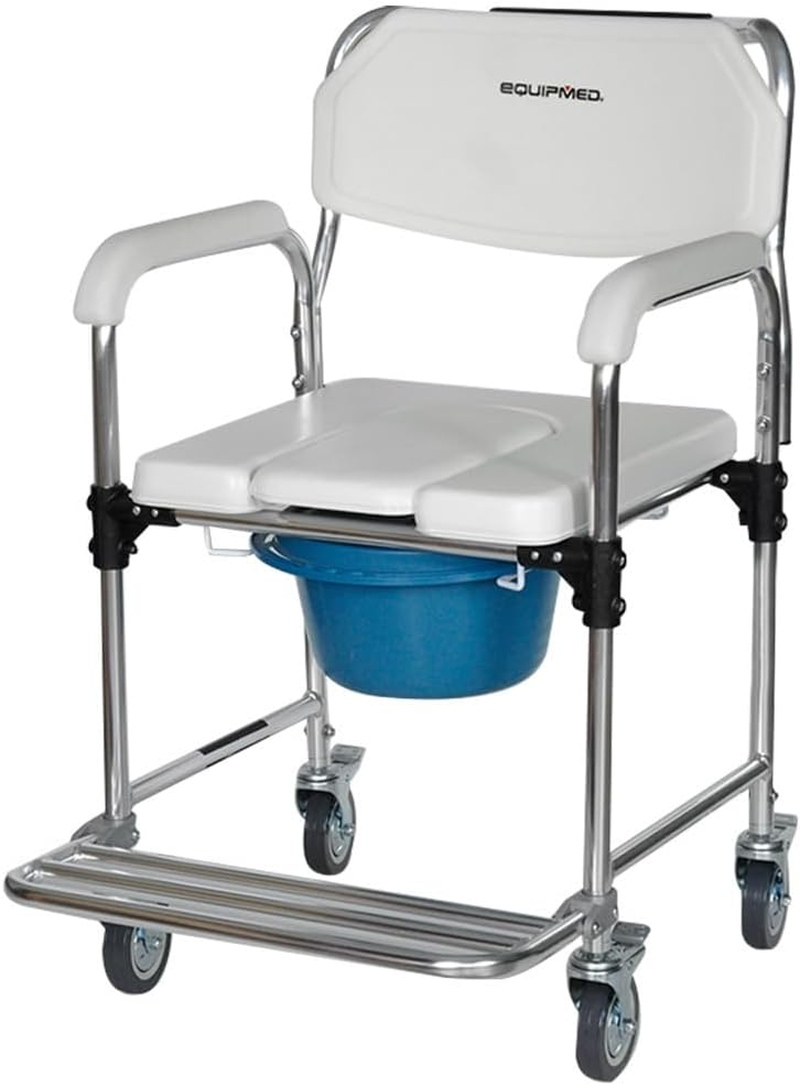 Equipmed Commode Shower Chair, over Toilet or Bedside 136Kg Capacity Aluminium Frame with Wheels, White/Blue image number 4