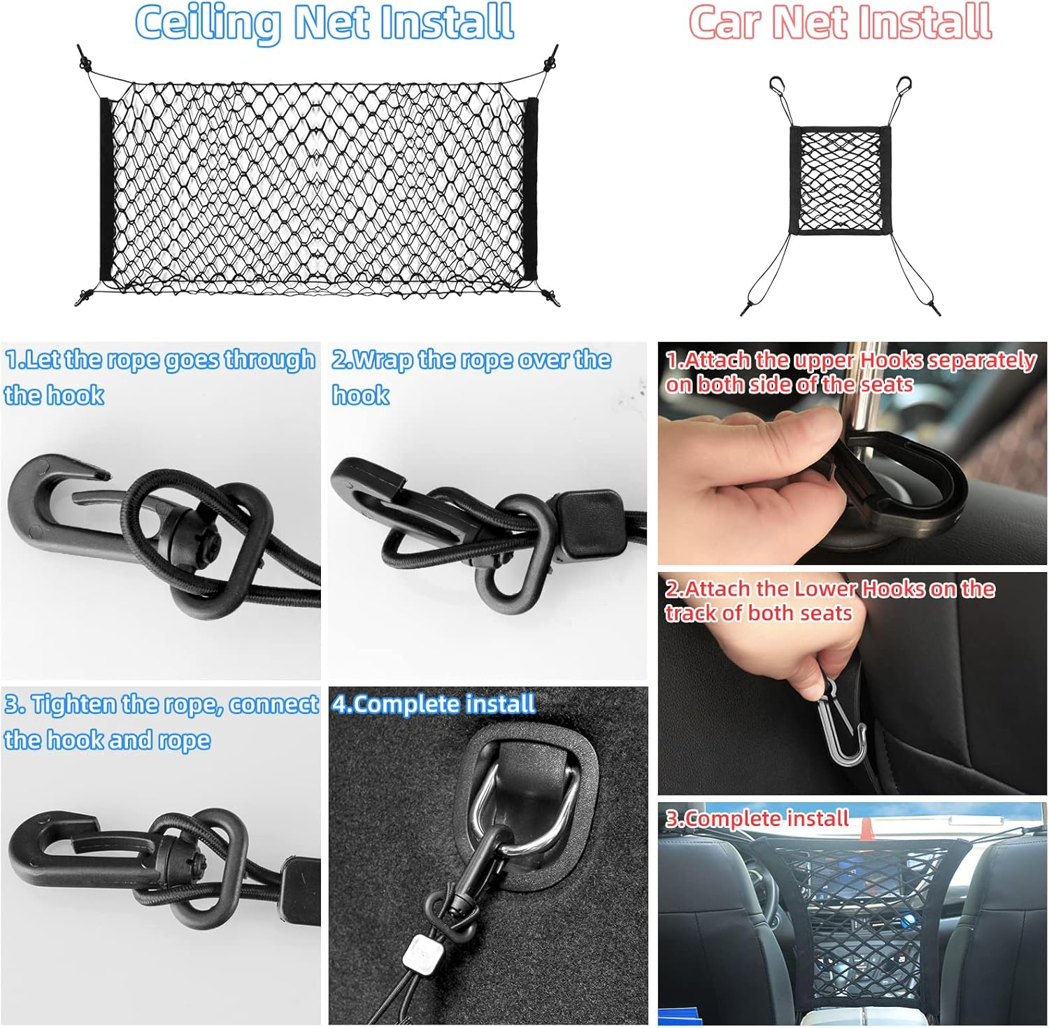 HOMEE Cargo Net Set, 2 Packs Adjustable Mesh Cars Trunk Net and Elastic Trunk Net Bag between Seats Universal Car Cargo Storage Organizers with Hooks for Pick-Up/Jeep/Suv, Full Black image number 4