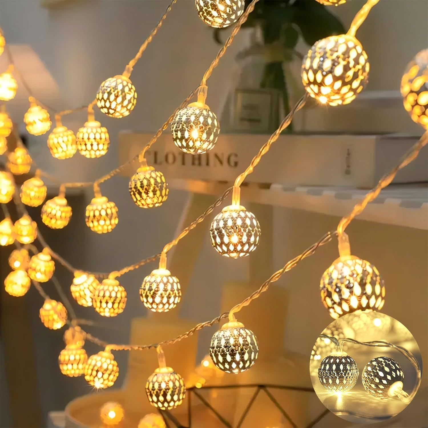ENLACE Moroccan String Lights, 3 Meters 20 Leds Metal Balls Battery Operated for Indoor Outdoor Wedding Christmas Birthday Party Decoration Warm White image number 3
