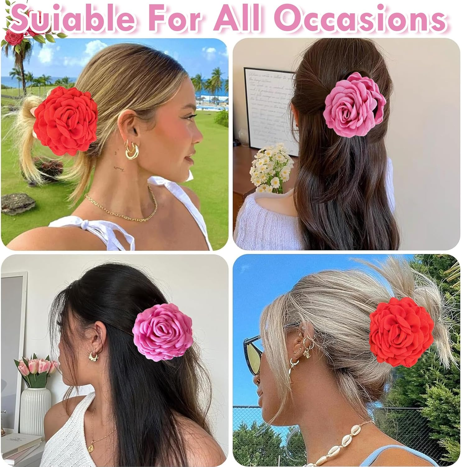 ASOMI 2 Pack Large Hair Clips with Hawaiian Roses Floral Hair Clips for Women and Girls, Thin Hair, Blooming Rose Claw Clips, Non-Slip (Rose Red, Red) image number 2