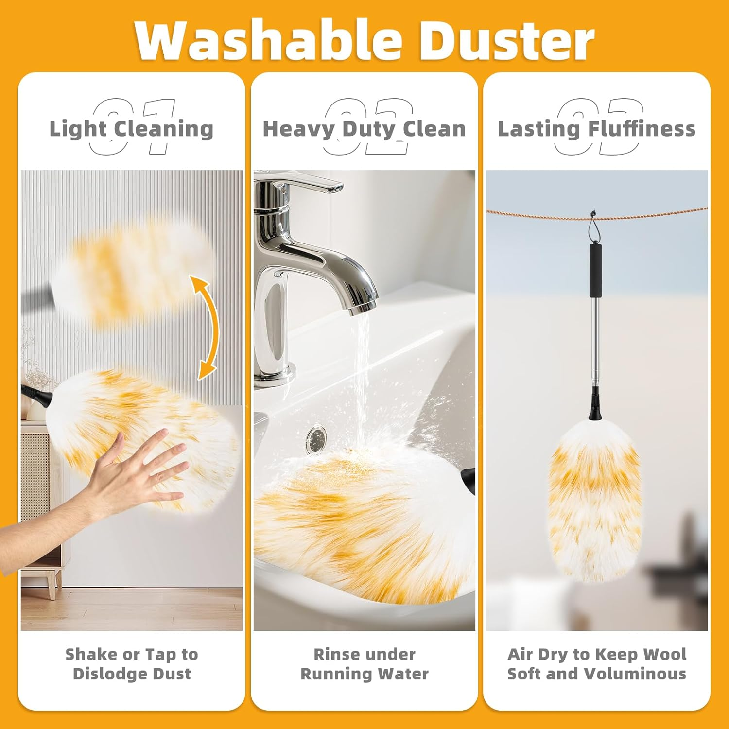 Nicemiya Lambswool Telescopic Duster - Extendable up to 190 Cm for High Surfaces and Sensitive Devices, Washable and Scratch-Proof (1 Lambswool Duster + 1 Replacement Head) image number 3