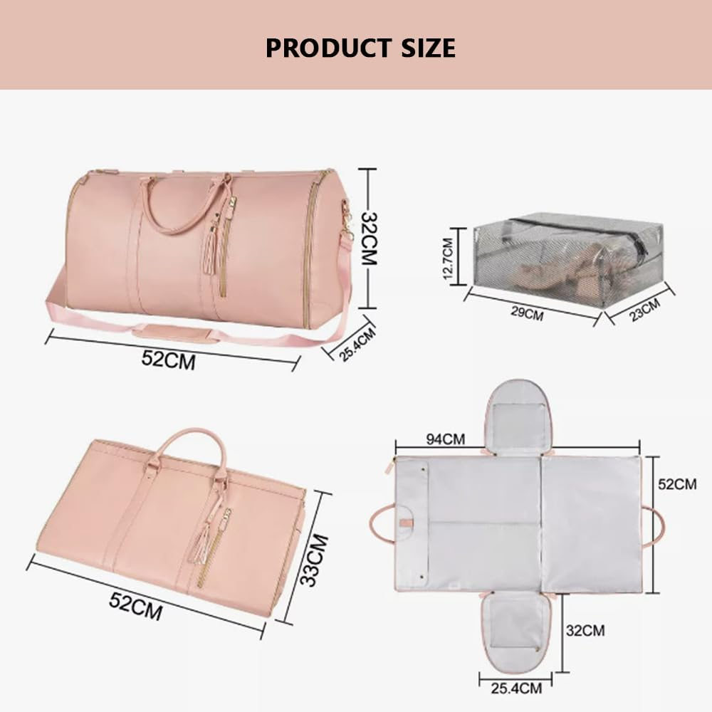 Convertible Garment Duffle Bag for Travel, 3-In-1 Carry on Foldable PU Leather Weekender with Shoe Pouch, Pink image number 4