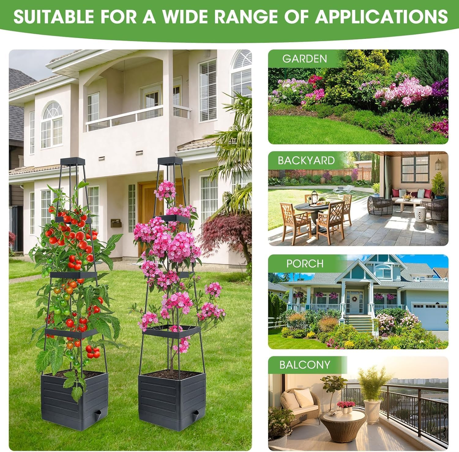 Raised Garden Bed, Planter Boxes with Trellis 55.1'' Tomato Planters for Climbing Vine Vegetables Flowers Plants Self Watering Tomatoes Cage for Outdoor Patio Greenhouse image number 1