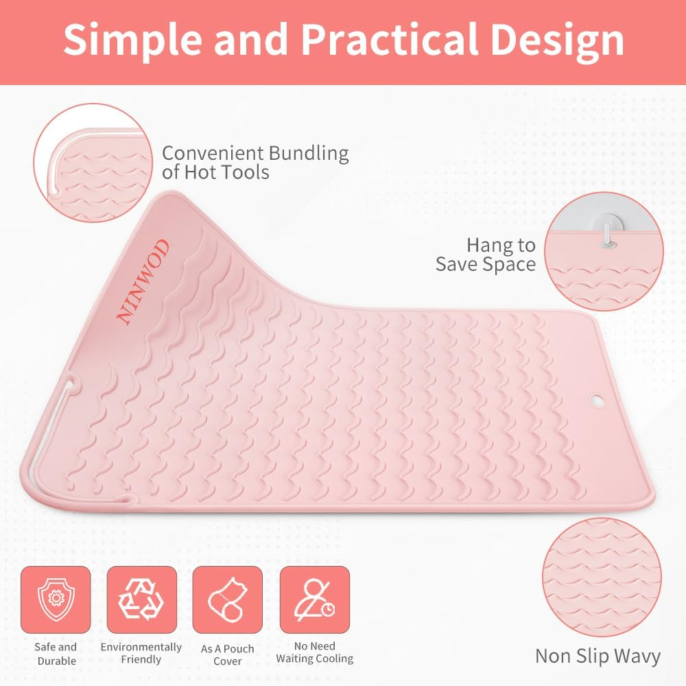 Oversize Large Silicone Heat Resistant Mat, 13.19" X 10.24" Professional Heat Mat for Curling Iron, Portable Vanity Decor Makeup Mat with Velcro Cover for Travel Vanity Salon (Pink) image number 3