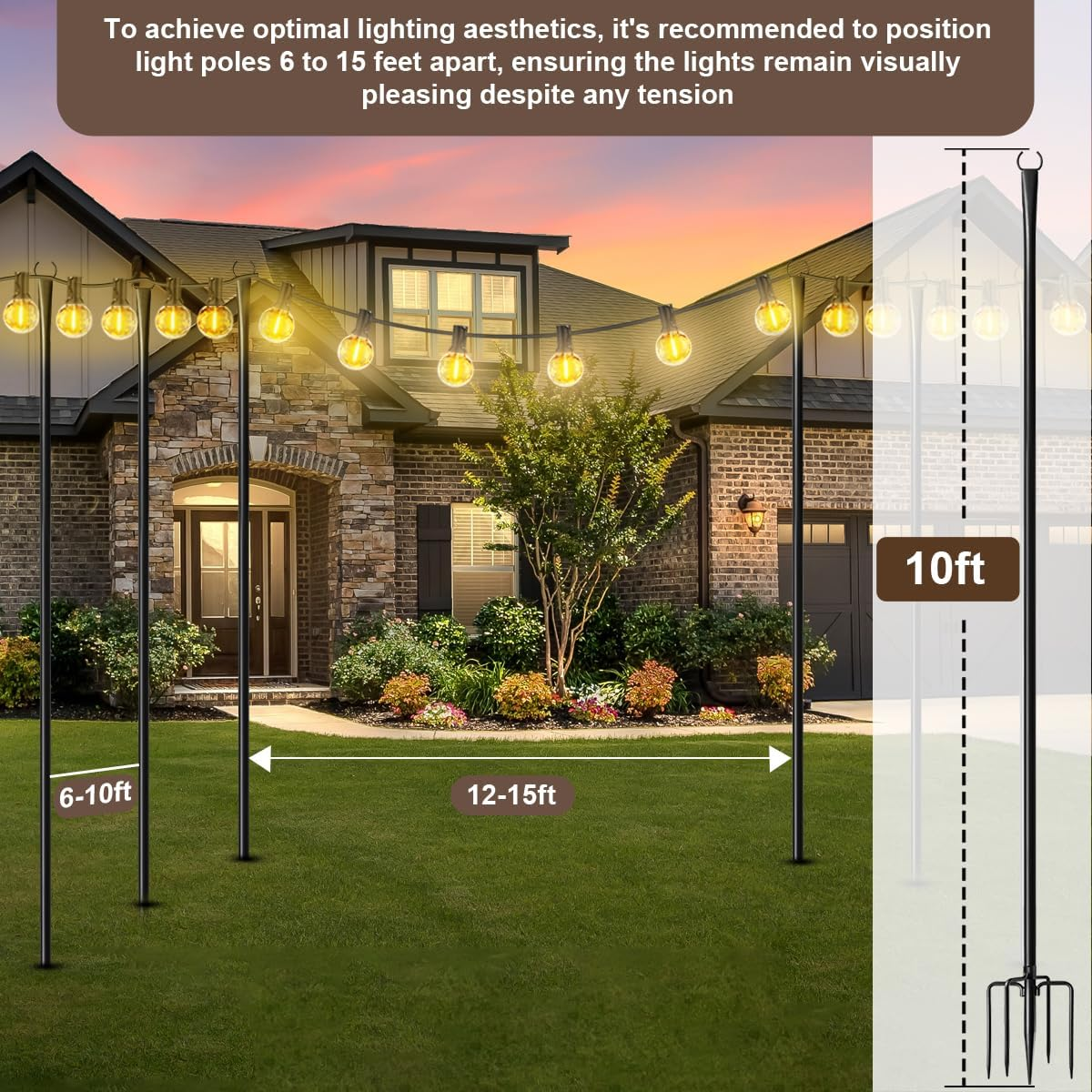 Mulivid 6 Pack String Light Poles for Outdoor,Metal Light Hanging Pole outside with Fork,Light Stand for Patio, Pergola, Garden, Backyard, Yard, Camping Party image number 4
