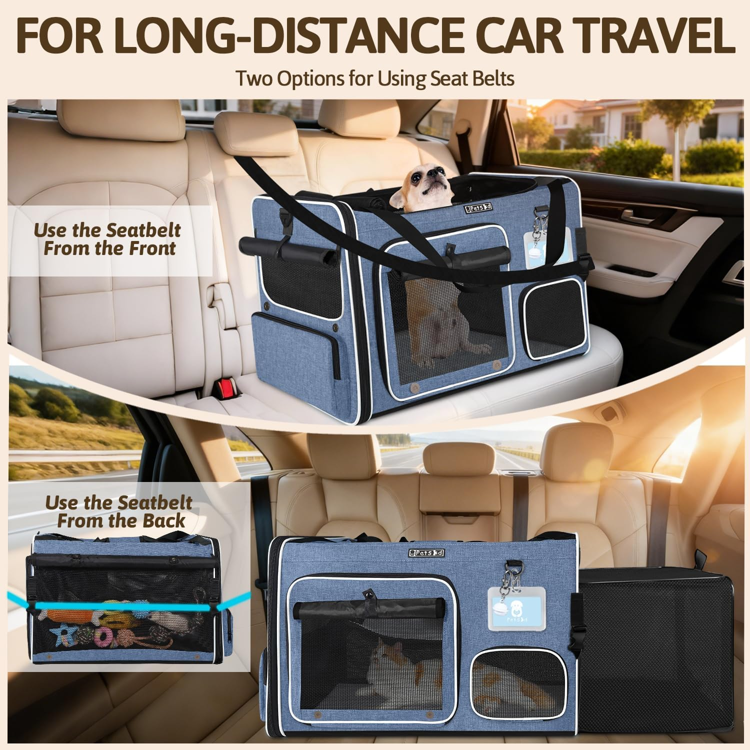 Petskd Side Expandable Extra Large Cat Car Carrier with Collapsible Litter Box for Long Distance Travel,24"X17"X17" Portable Soft Sided Pet Carrier with Roller Shades for 2 Cats up to 55Lbs(Blue) image number 4