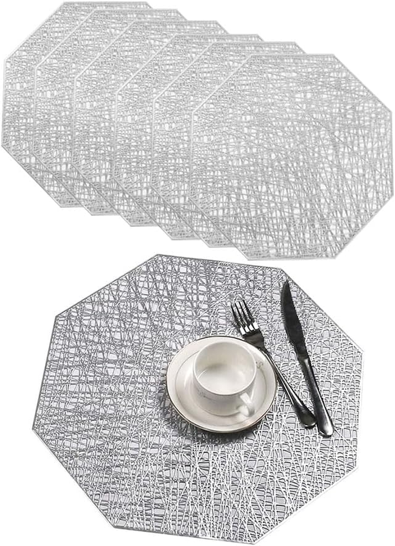 XUNQUCOM Hollowed Out Octagonal Light Luxury Insulated Table Mat 6Pcs (Silver)