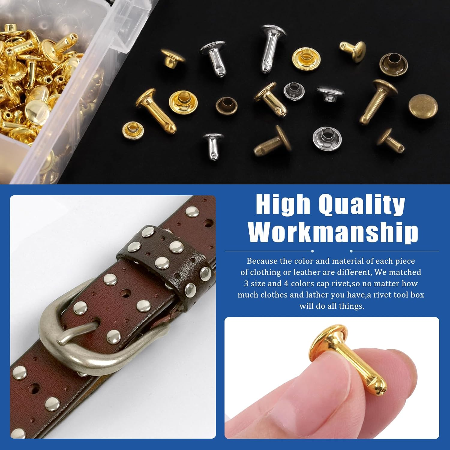Glarks 600 Sets Leather Rivets with 3Pcs Setting Tool Kit, 4 Colors 3 Sizes Double Cap Rivets Tubular Metal Studs Leathercraft Rivets for Bags Clothing Shoes Leather Craft