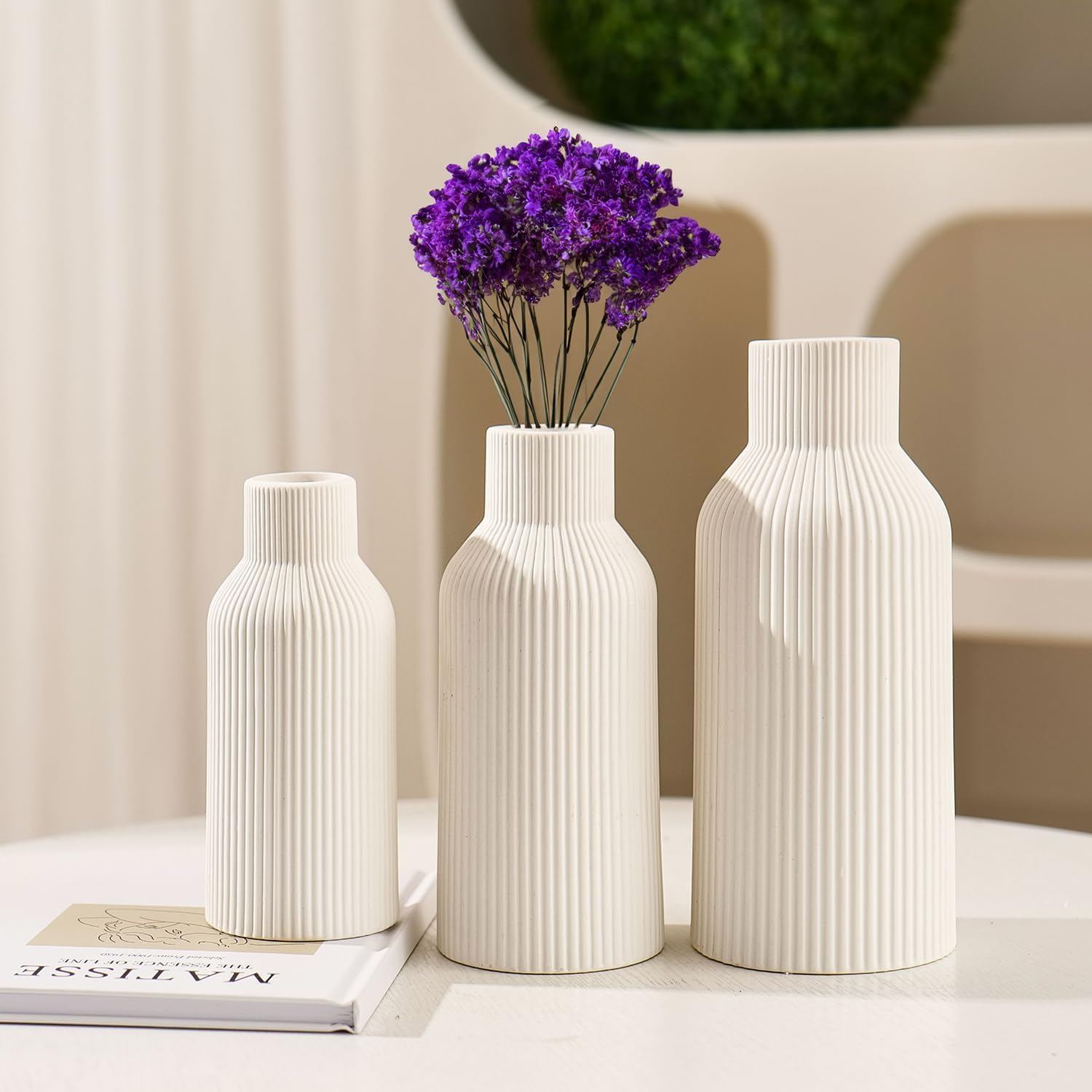 White Ceramic Vase Set of 3 - Minimalist Modern Ribbed Vases Home Decor for Desk, Shelf, and Table, Aesthetic Flower Vases for Entryway, Mantle, Bookshelf image number 5