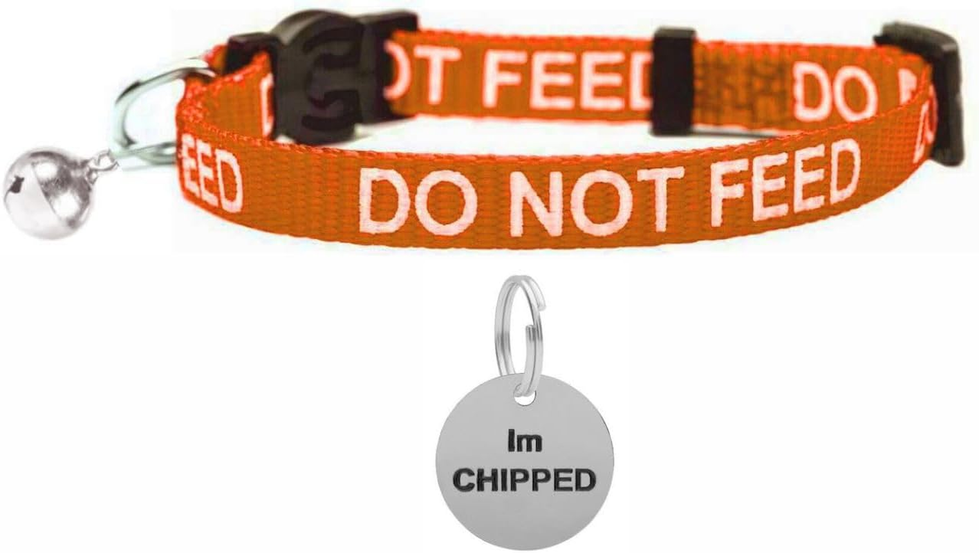 LARRYROO Cat Collar with DO NOT FEED Print - Soft Nylon & Safety Release Buckle - with Personalised Engraved round Silver ID Tag with IM CHIPPED Print (Red)
