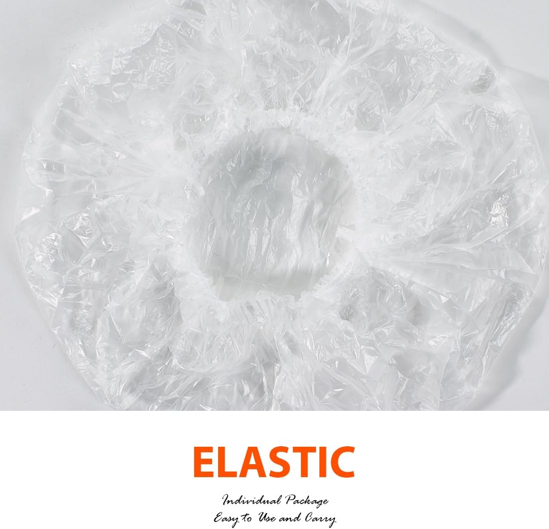 UTSAUTO 100 Pcs Disposable Shower Caps, 16.5" Thickening Plastic Hair Caps for Bath, Hair Treatment, Conditioning in Home Hotel Travel. (Clear White) image number 2