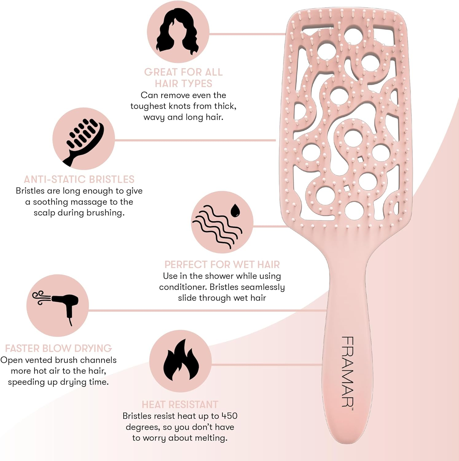FRAMAR Professional Vented Hair Brush Paddle Curved Hair Brush for Blow Drying, Wet Paddle Brush for Women Blow Drying