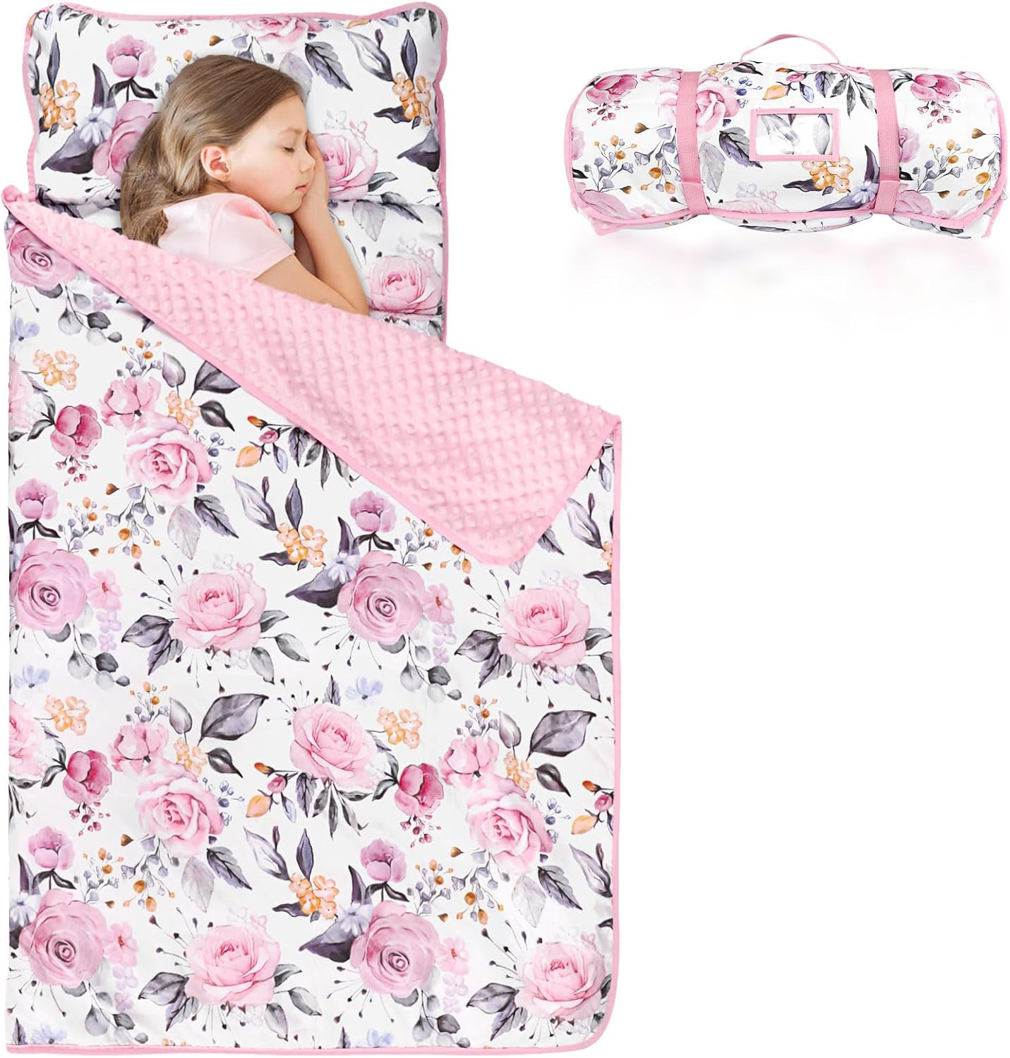 Toddler Nap Mat with Removable Pillow and Soft Dot Minky Blanket