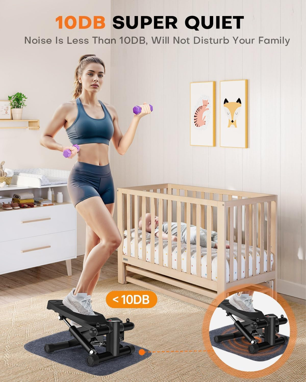 TOPPETI Mini Stair Steppers for Exercise, Adjustable Pedal Height Stair Portable Steppers for Home Fitness, with LED Monitor, Resistance Bands, Noiseless, 120KG Loading Capacity, Black(With Mat) image number 5