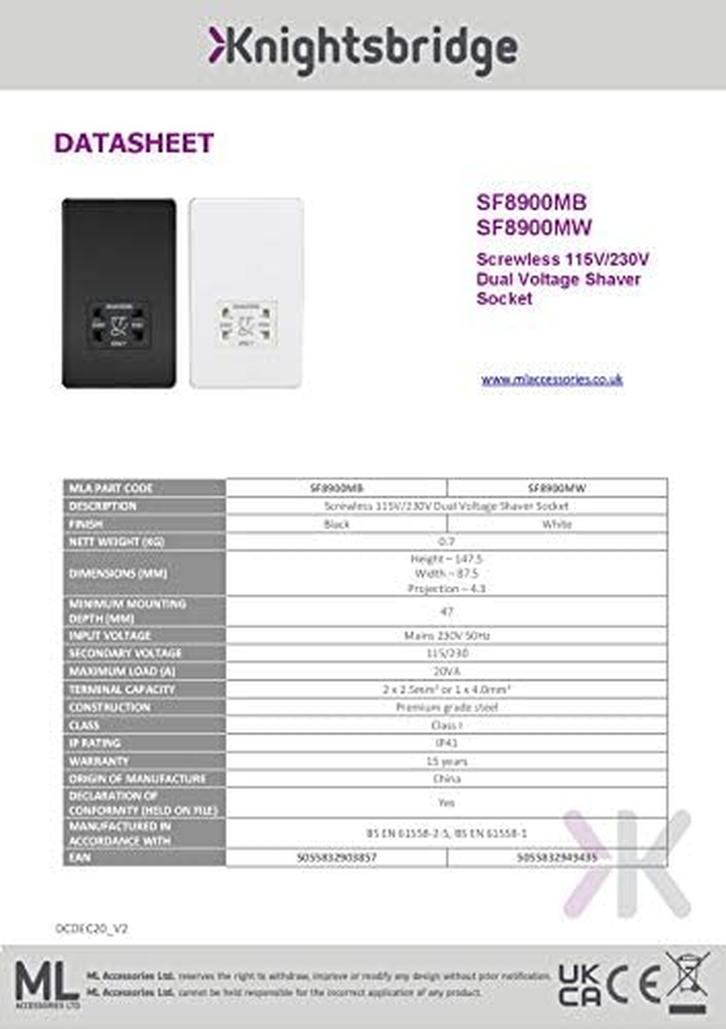 Knightsbridge SF8900MW Screwless 115/230V Dual Voltage Shaver Socket-Matt White image number 5