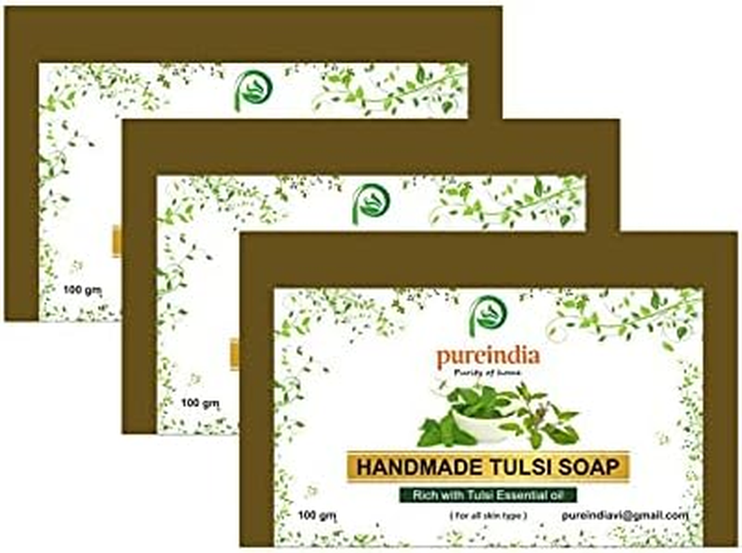 PUREINDIA Handmade TULSI anti Ageing Soap, Pack of 3(100Gm) for Brighten Complexion, Oil Control, Acne and Blackheads. image number 2
