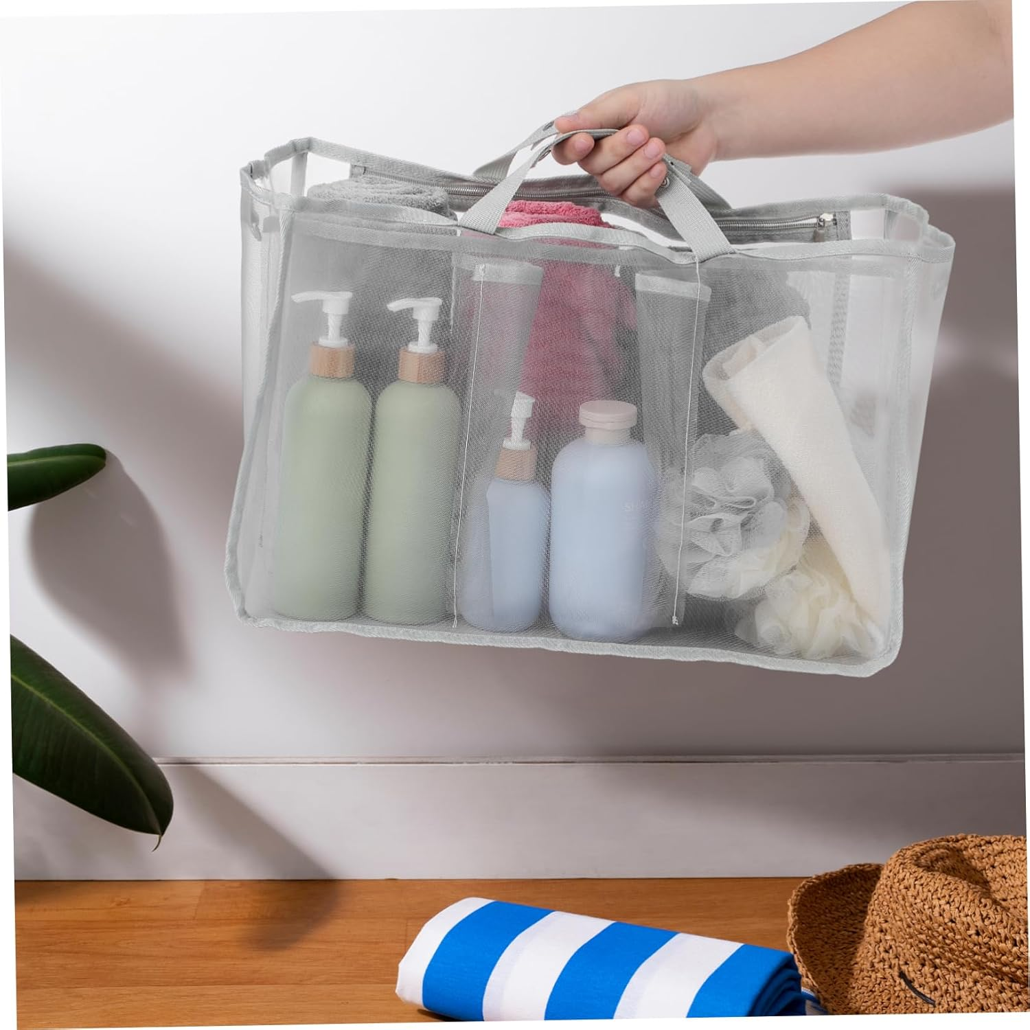 SAFIGLE Large Capacity Transparent Mesh Tote Bag with Divider for Beach and Travel Breathable Quick Dry Organizer for Swimming and Outdoor Activities Lightweight Drawstring Mesh Bag For image number 2