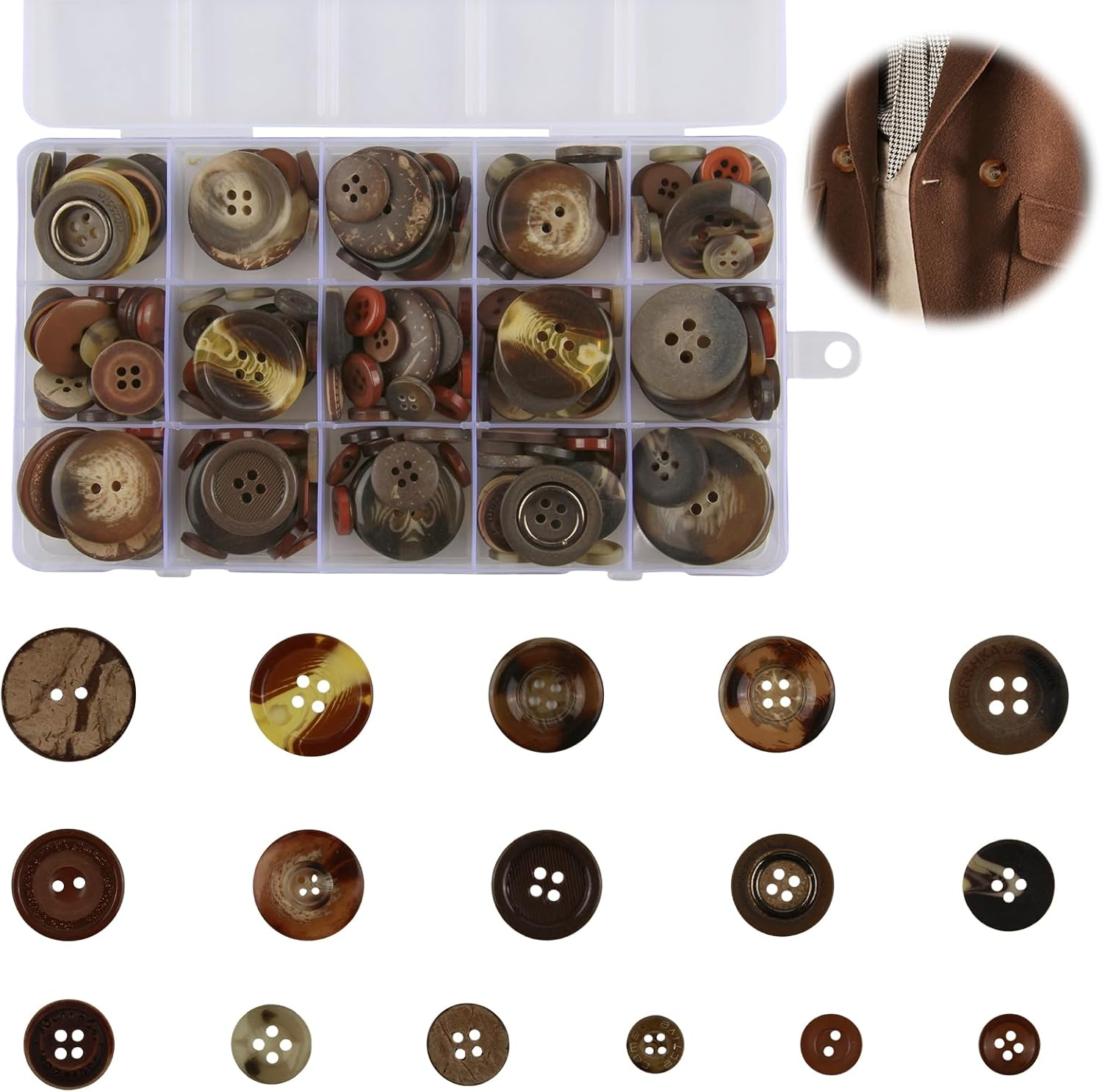 208 Pcs Mixed Sewing Buttons Box Set - Buttons for Sewing & Crafting, Multi-Hole Blazer in Coffee Browns for Clothing Repair, Tailoring & DIY, Premium Resin Coat Buttons (Vintage Shades) image number 4