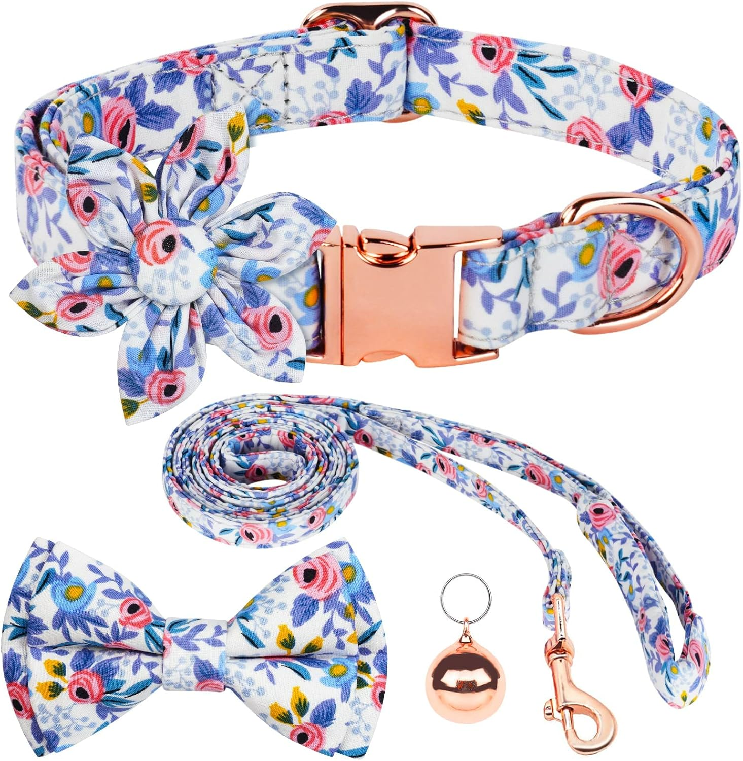 AUAUY Dog Collar and Leash Sets, Flower Girl Floral Pattern Engraved Pet Collars with Adjustable Strong Gold Buckle Collars with Beautiful Bowtie and Little Bell for Small Medium Large Dogs(Pink L)