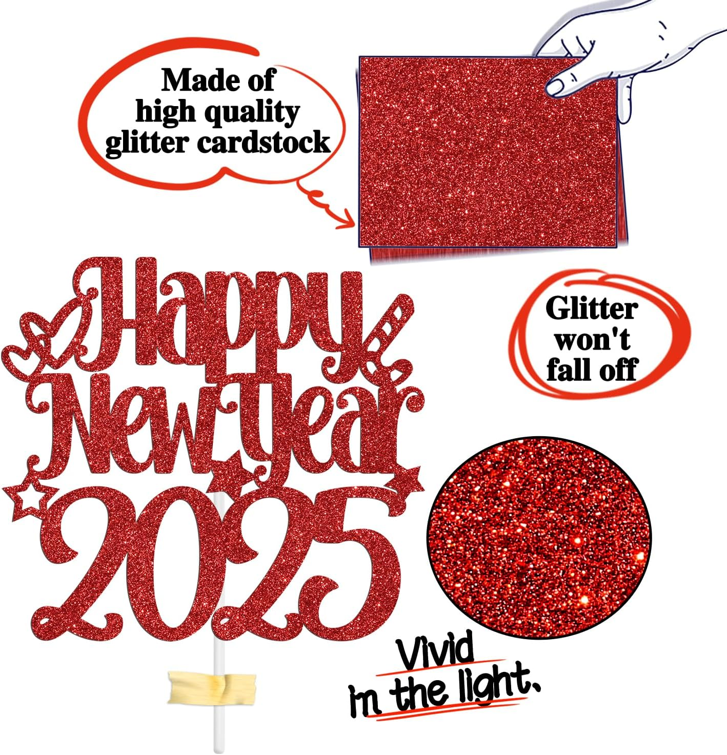 Happy New Year 2025 Cake Topper, Happy Holiday/Merry Christmas Cake Decor, New Year'S Eve Festival Party Decoration Suppllies, Red Glitter image number 4