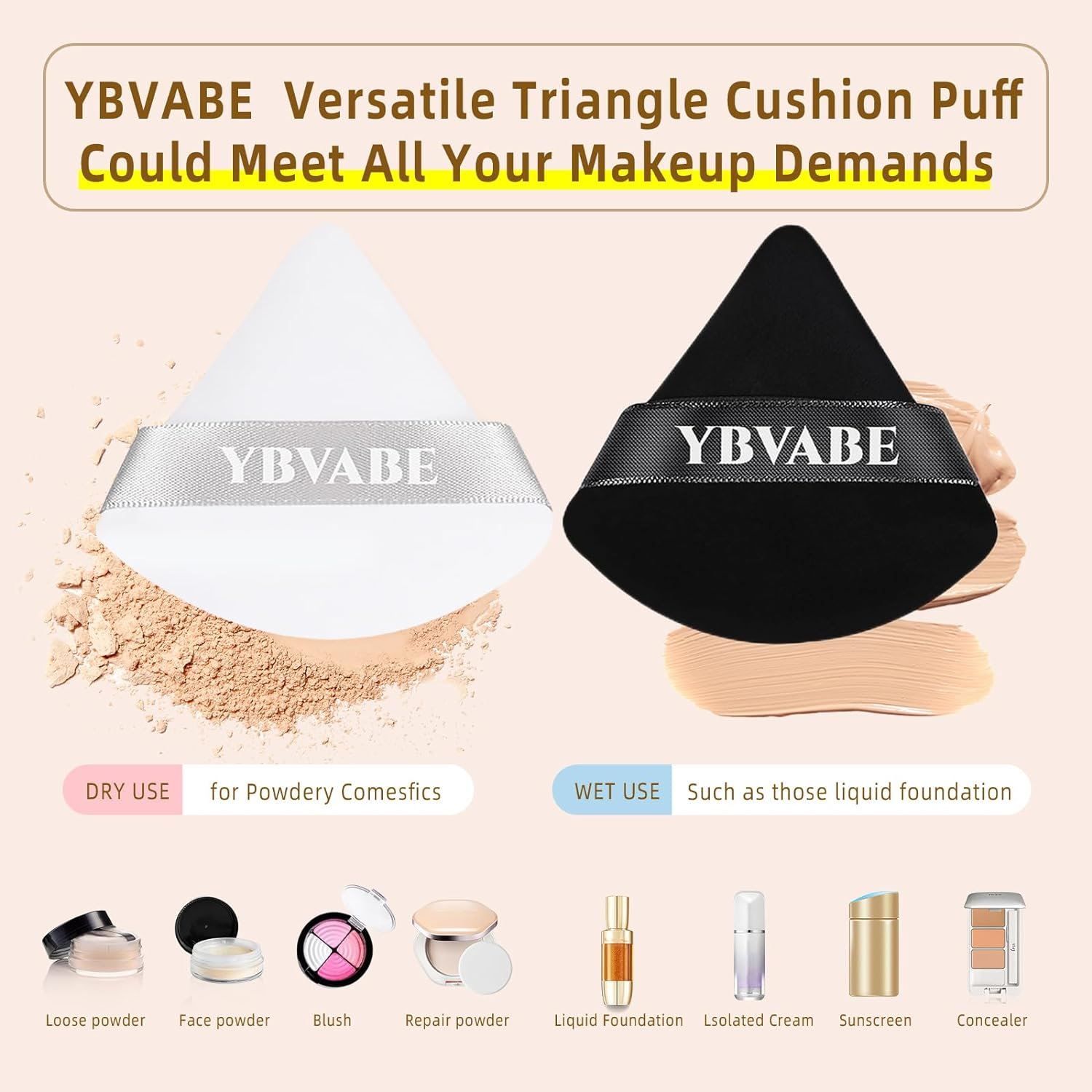 YBVABE Powder Puff, 12Pcs Triangle Powder Puffs Black - Soft & Supple Puffers, Reusable Face Makeup Sponge Blender with Strap for Loose Powder - Setting Powder Beauty Body Cosmetic Foundation Tool