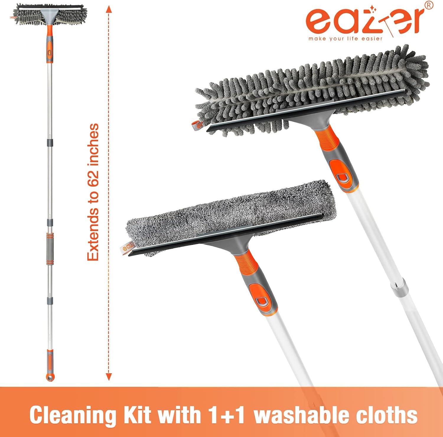 Eazer Window Squeegee Cleaner - 2 in 1 Window Cleaning Tool Kit, 62Inch Extension Pole Washer Equipment for Car Indoor Outdoor Window Glass image number 2