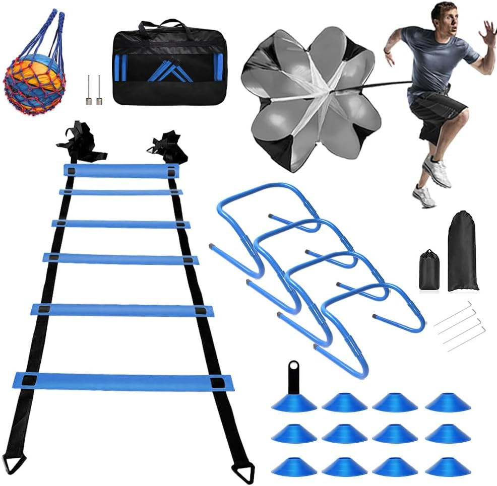 30PCS Agility Training Equipment Kit, Football Training Equipment, Speed Training Set for Kid Youth Adults,6M Agility Ladder,4 Hurdles,12 Soccer Cones,Resistance Parachute,Ball Net(Blue) image number 5