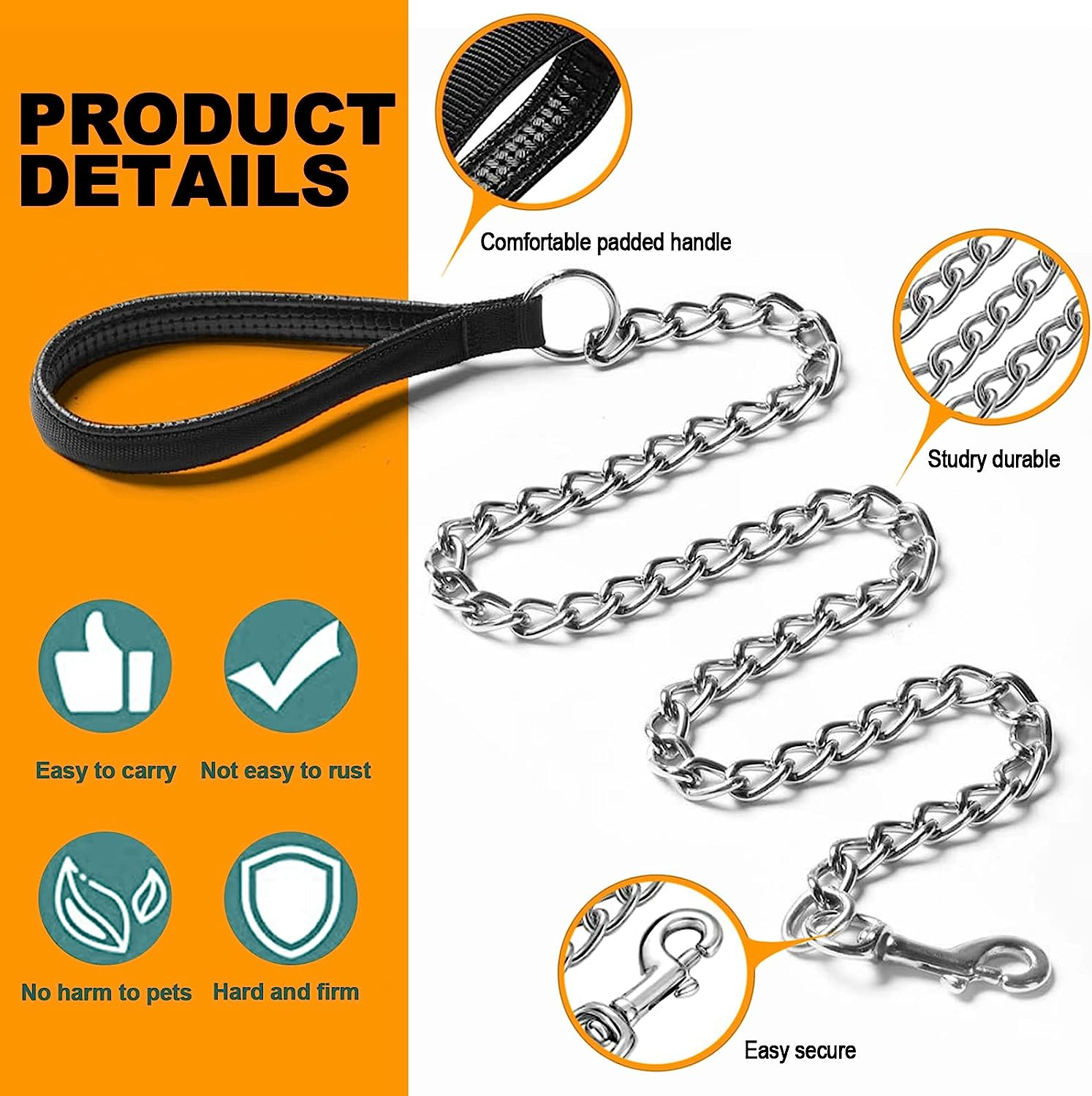 Heavy Duty Metal Dog Leash, 180Cm Chew Proof Pet Leash Chain with Soft Padded Handle for Large & Medium Size Dogs image number 3