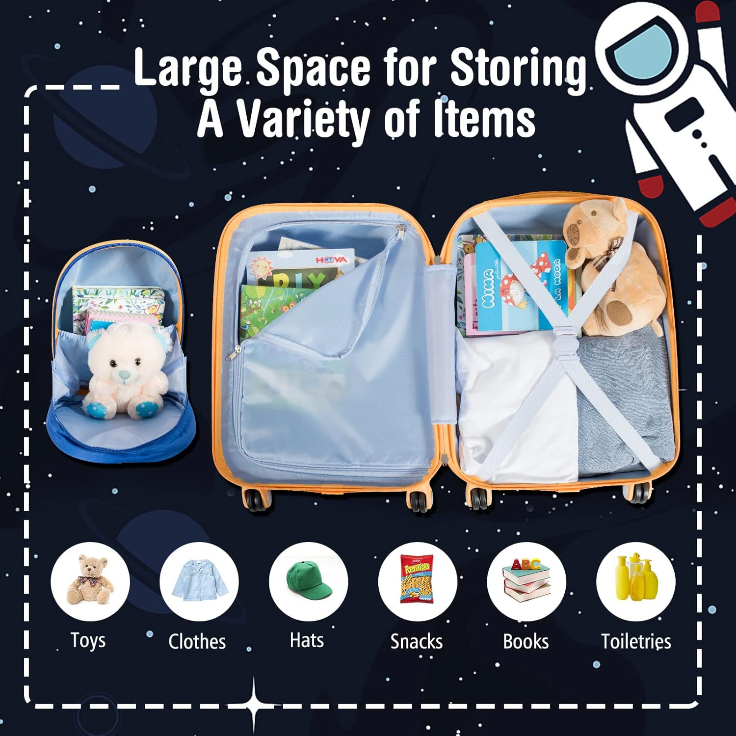 Costway 2PCS Kids Luggage Set, 13" & 18" Carry on Suitcase Set W/Spinner Wheels & Cute Mermaid Pattern, Adjustable Trolley Rod Height & Backpack Shoulder Strap (Astronaut) image number 5