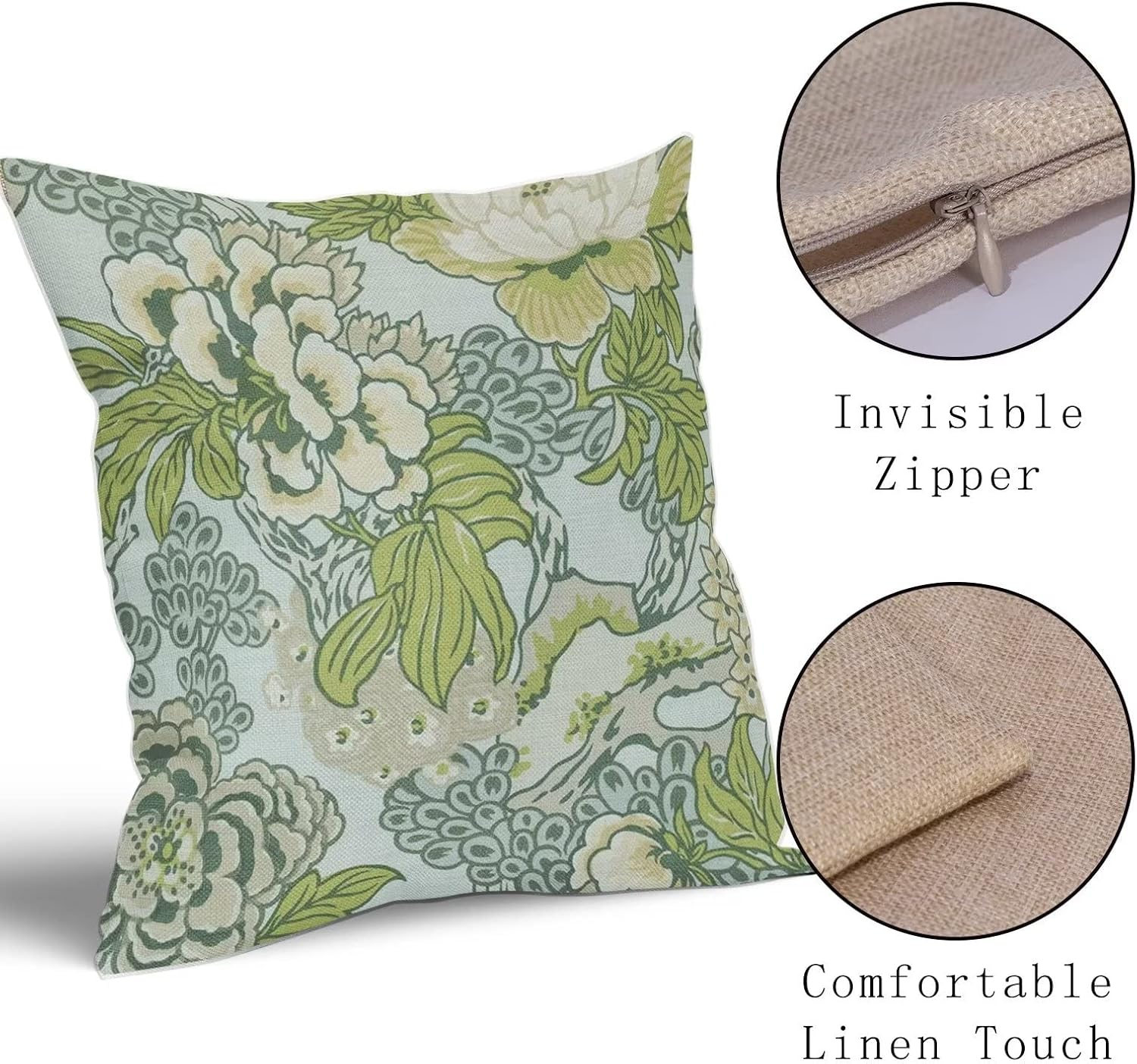 Sweetshow Spring Green Flowers Chinoiserie Pillow Covers 2 Packs 20X20 Inch Lighe Green Floral Throw Pillows Vintage Sage Green Decor Cushion Cover Linen Patio Furniture Sofa Bedroom Indoor Outdoor image number 3