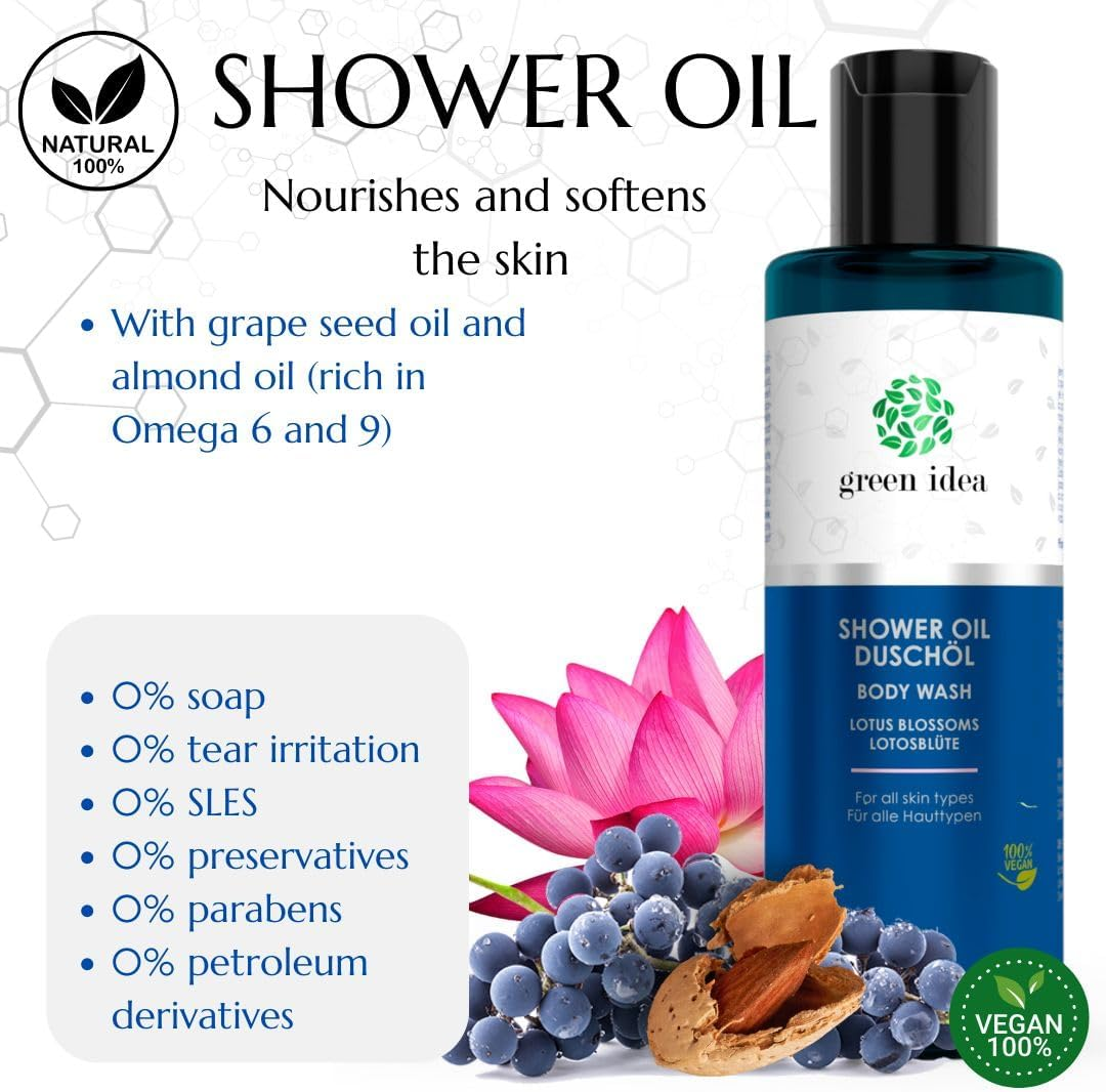 Green Idea - Shower Oil Lotus Flower | No Soap | Vegan | SLES Free | Gentle, for Sensitive Skin | Nourishing Grape Seed Oil | No Drying Out Sweetener | Free from Preservatives 200 Ml image number 5