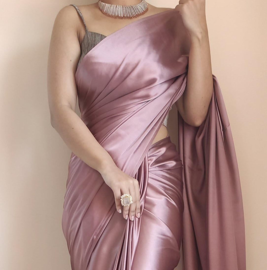 SATAZ Women'S Ready to Wear Rose Gold Satin Silk Pre Pleated Saree with Unstitched Blouse, Free Size image number 2