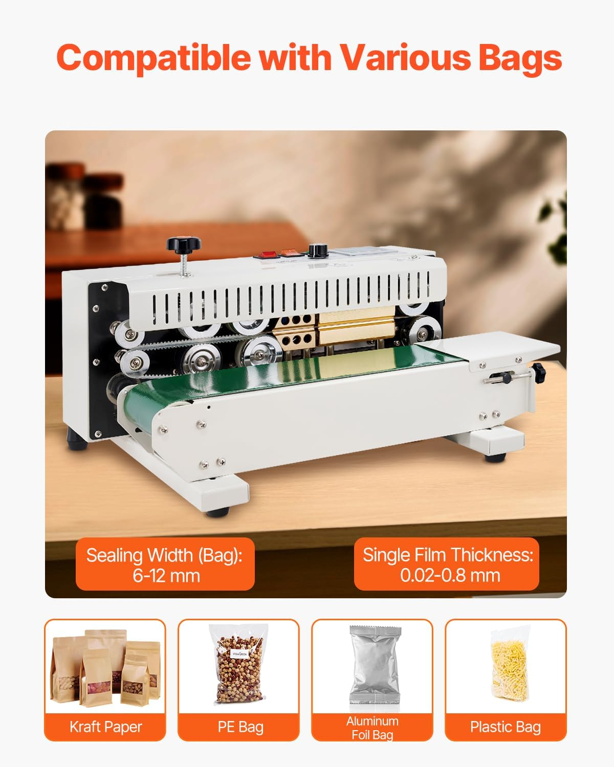 VEVOR Continuous Bag Band Sealing Machine, 6-12 Mm Seal Width, Horizontal Band Sealer Machine with Digital Temperature Control, Carbon Steel Bag Sealer for 0.02-0.8 Mm Plastic Bags Films Membrane image number 1