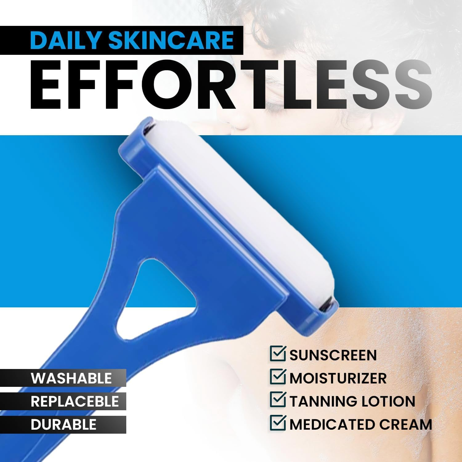 Xiaaofea Back Lotion Applicator Roller Handle, Smooth Roller for Easy Sunscreen & Moisturizer Application to Hard Reach Areas, Skin-Friendly Even Coverage Self Tan Lotion Applicator image number 1