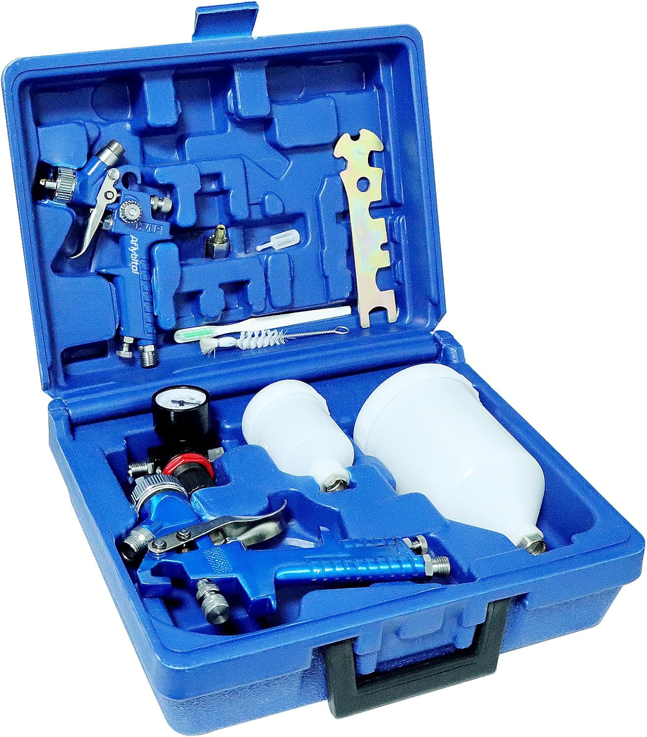 HVLP Air Gravity Spray Gun Set, Aflybltol 2 Pcs Sprayer Paint Gun Kit,1.4Mm 600Ml&0.8Mm 125Ml Automotive Paint Gun with Locking Air Pressure Regulator Gauge Paint Sprayer Gun for Car Painting(Blue)