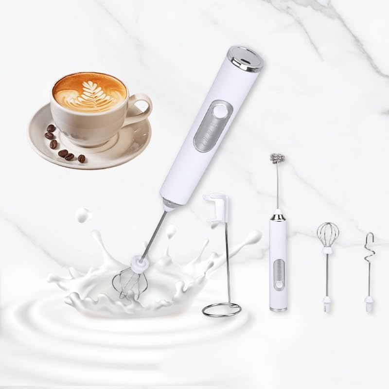 Milk Frother, Rechargeable Handheld Coffee Frother, 3 Gear Adjustable USB Rechargeable Drink Mixer and Blender with 2 Stainless Steel Whisks for Coffee Matcha Latte Cappuccino Hot Chocolate (White) image number 1