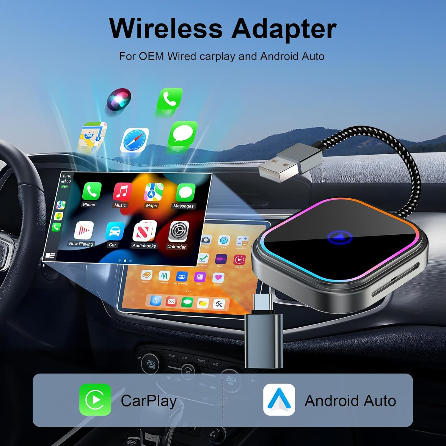 Tesansi Wireless Carplay Adapter for Iphone (2025 Full Upgraded) Audio Reactive Lighting Design for Apple and Android Carplay Dongle, Bluetooth Connection Plug and Play, Mini Size USB Type-A & Type-C image number 6